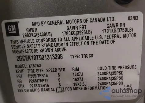 2003 Chevrolet Silverado 1500 Ls z USA, uszkodzony, nr VIN 2GCEK19T931313298